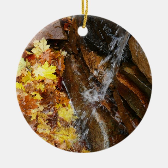 Fall Leaves in Waterfall III Autumn Nature Ceramic Ornament (Front)