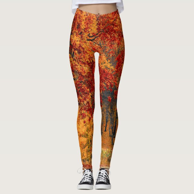 Fall Leaves Leggings Orange Red Woodsy Scene (Front)