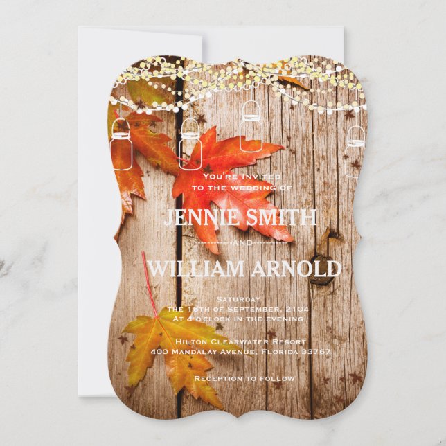 Fall Leaves & Lights Mason Jars Rustic Wedding Invitation (Front)