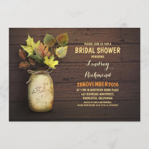 Fall leaves mason jar rustic bridal shower invites