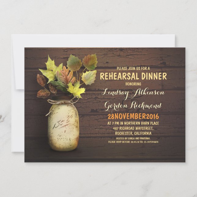 Fall leaves mason jar rustic rehearsal dinner invitation (Front)