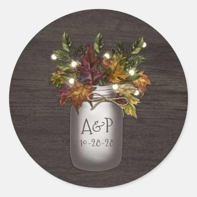 Fall Leaves Mason Jar Rustic Wedding Favour Classic Round Sticker (Front)