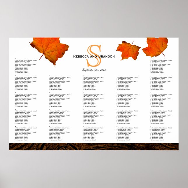 Fall Leaves Monogram Wood Wedding Seating Chart (Front)