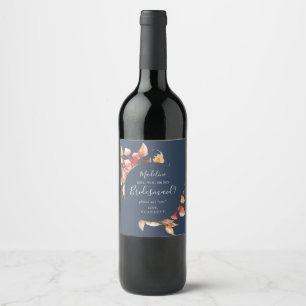 Fall Leaves Navy Blue Bridesmaid Proposal Wine Label