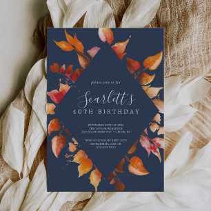 Fall Leaves   Navy Blue & Burgundy 40th Birthday Invitation