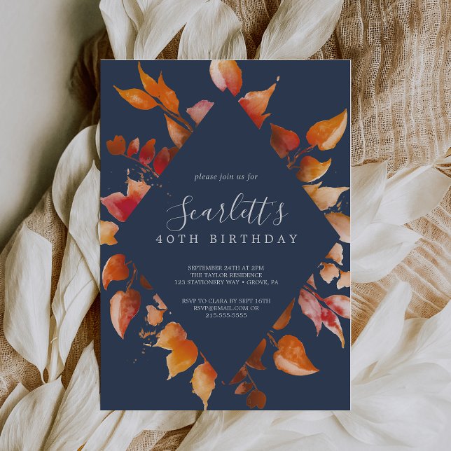 Fall Leaves | Navy Blue & Burgundy 40th Birthday Invitation (Creator Uploaded)