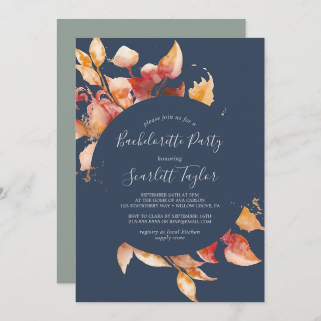 Fall Leaves | Navy Blue & Burgundy Bachelorette Invitation (Front/Back)
