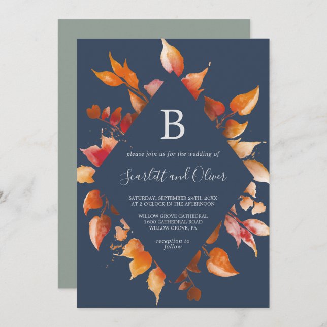 Fall Leaves | Navy Blue & Burgundy Diamond Wedding Invitation (Front/Back)