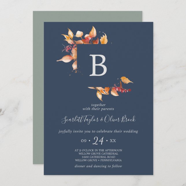 Fall Leaves Navy Blue & Burgundy Monogram Wedding Invitation (Front/Back)