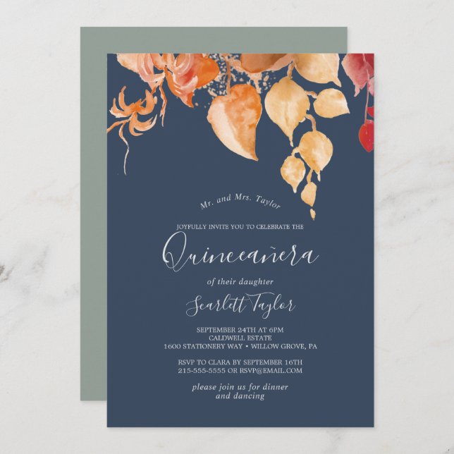 Fall Leaves | Navy Blue & Burgundy Quinceañera Invitation (Front/Back)