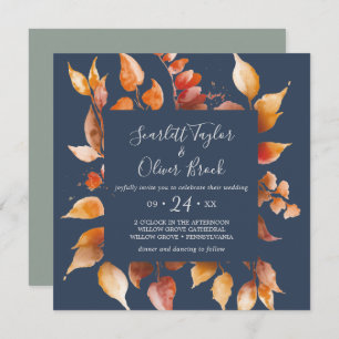 Fall Leaves   Navy Blue & Burgundy Square Wedding Invitation