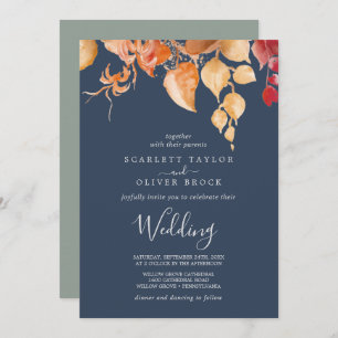 Fall Leaves   Navy Blue & Burgundy Wedding Invitation