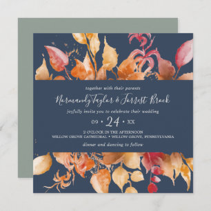 Fall Leaves   Navy Blue Casual Square Wedding Invitation