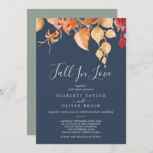 Fall Leaves   Navy Blue Fall In Love Wedding Invitation