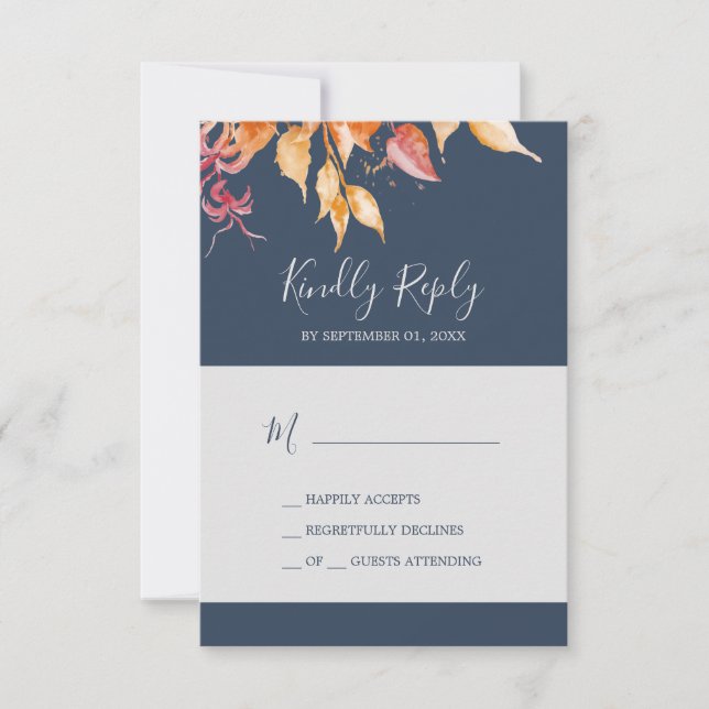 Fall Leaves | Navy Blue Simple RSVP Card (Front)