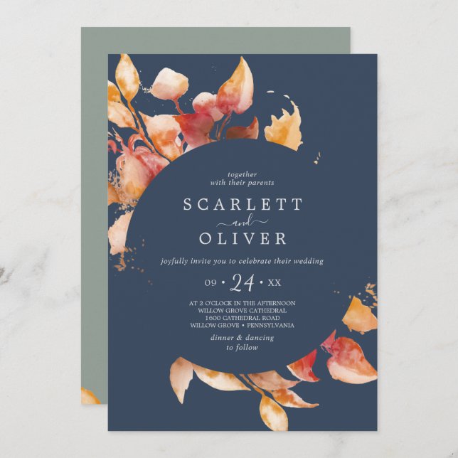 Fall Leaves | Navy with Details on Back Wedding Invitation (Front/Back)