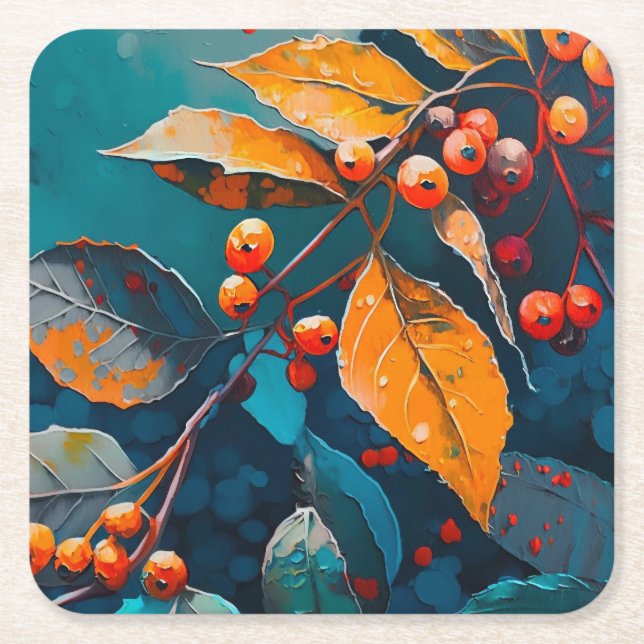 Fall leaves oil painted. Nature autumn foliage Square Paper Coaster (Front)