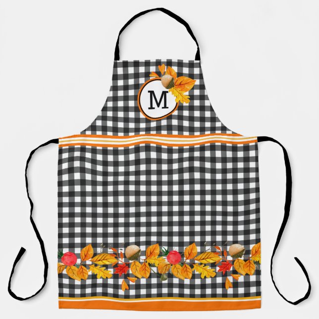 Fall Leaves On Black Gingham Monogrammed Apron (Front)