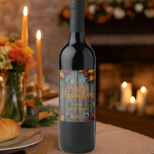 Fall Leaves on Rustic Wood Happy Thanksgiving  Wine Label