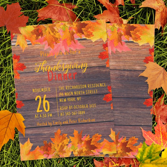 Fall Leaves On Rustic Wood Thanksgiving Dinner Invitation (Creator Uploaded)