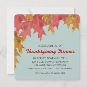 Fall Leaves on Teal Thanksgiving Dinner Invitation