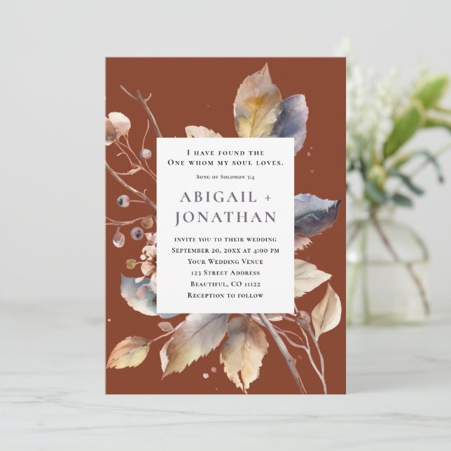 Fall Leaves on Terracotta Christian Bible Wedding Invitation (Standing Front)