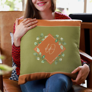 Fall Leaves Orange and Green Monogrammed Cushion