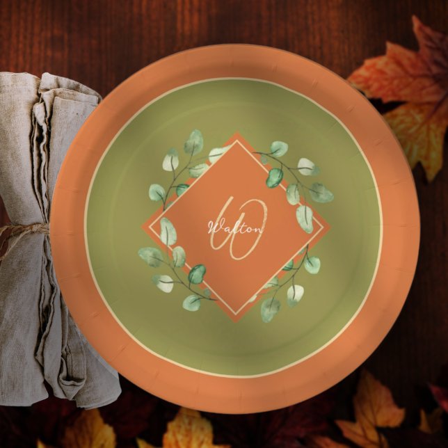 Fall Leaves Orange and Green Monogrammed Paper Plate (Creator Uploaded)