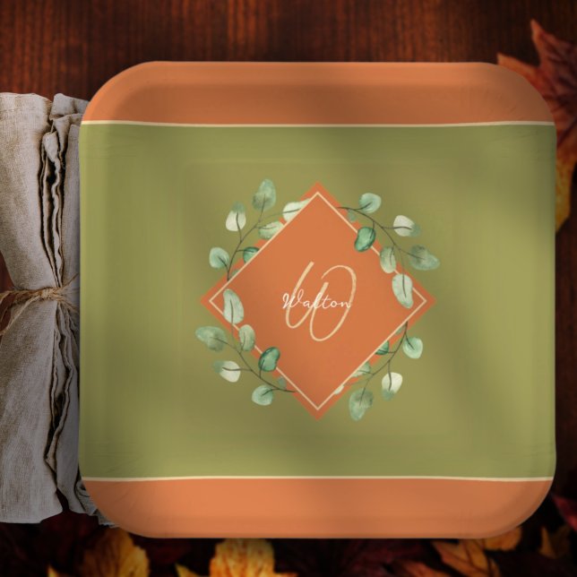 Fall Leaves Orange and Green Monogrammed Paper Plate (Creator Uploaded)