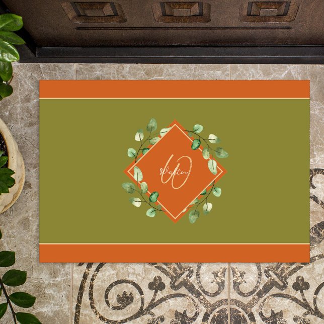 Fall Leaves Orange and Green Monogrammed Seasonal Doormat (Creator Uploaded)
