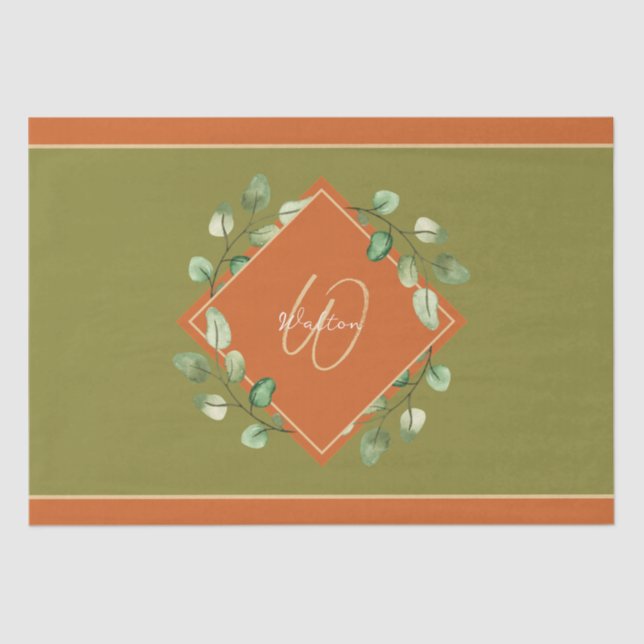 Fall Leaves Orange and Green Monogrammed Tissue Paper (Front)