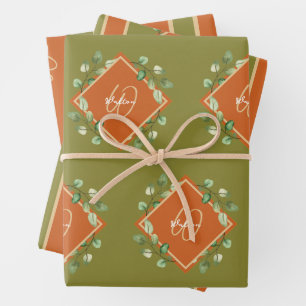 Fall Leaves Orange and Green Monogrammed Wrapping Paper Sheet