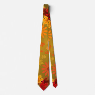 Fall Leaves & Orange Blooms Autumn Harvest Floral Tie