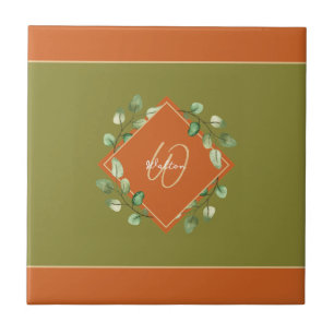 Fall Leaves Orange + Green Monogrammed Decorative Ceramic Tile