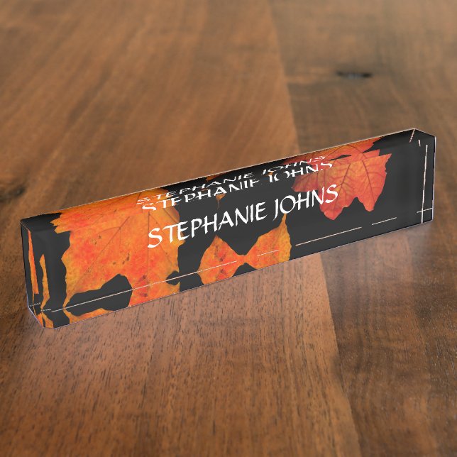 Fall Leaves Orange Monogrammed Name Black 2020 Nameplate (Side)