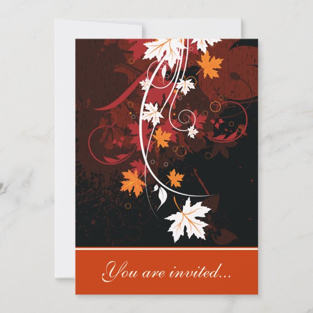 Fall leaves orange red white brown wedding invitation (Front)