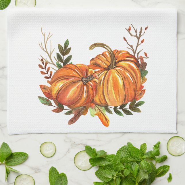 Fall Leaves Ornage Pumpkins Fancy Tea Towel (Folded)