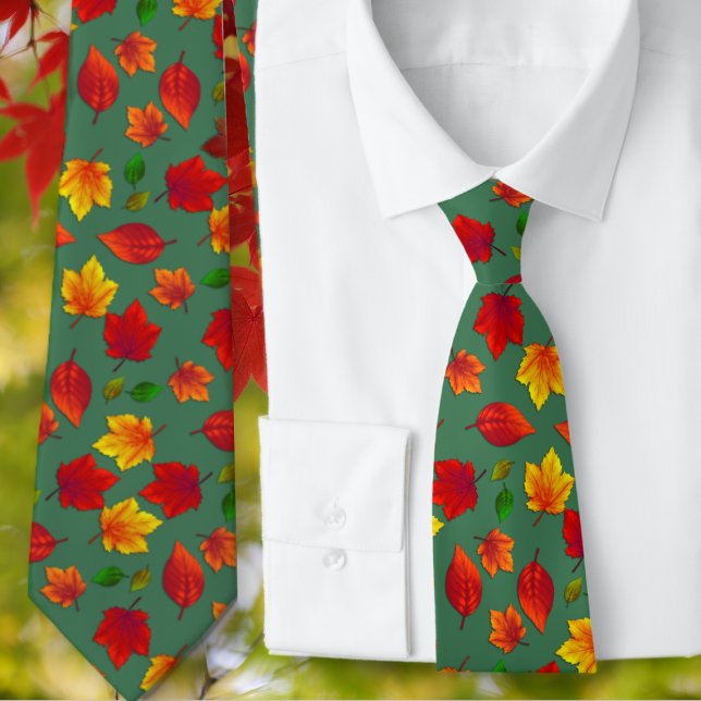 Fall Leaves Pattern Forest Green Autumn Tie (Creator Uploaded)
