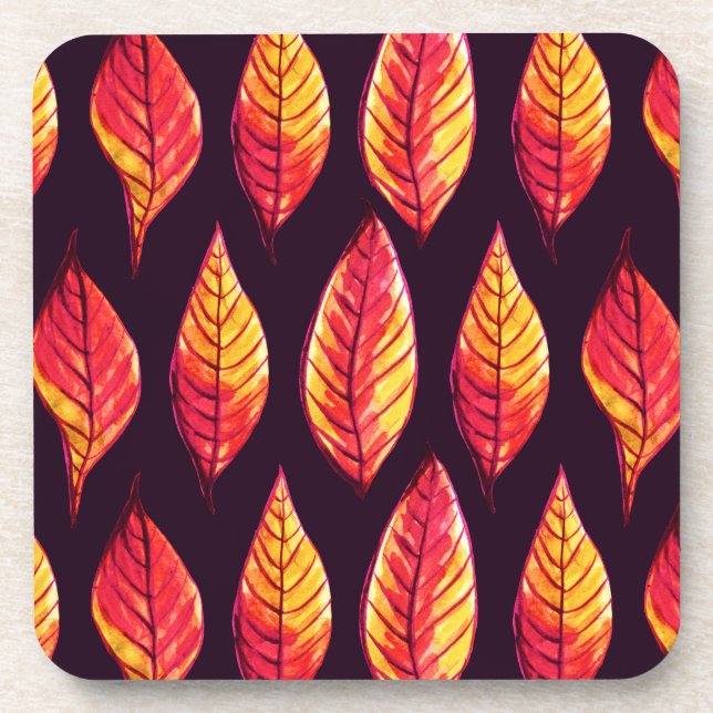 Fall Leaves Pattern In Dark Red And Yellow Coaster (Front)