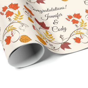 Fall Leaves Personalise  Names Wedding Gift Wrapping Paper