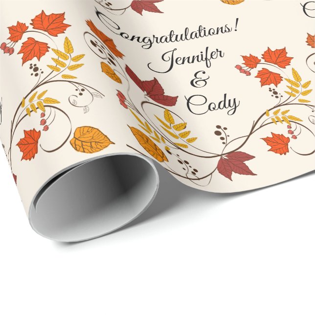 Fall Leaves Personalise  Names Wedding Gift Wrapping Paper (Roll Corner)