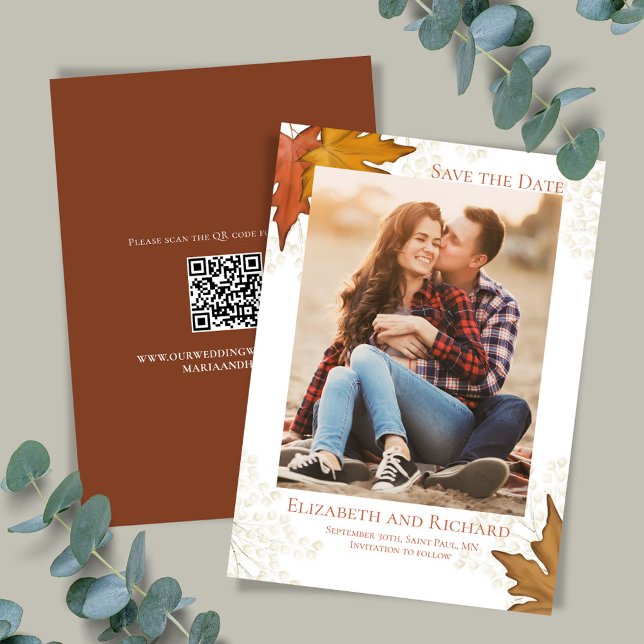 Fall Leaves Photo Wedding Save the Date (Watercolor fall leaves elegant save the date photo cards.)