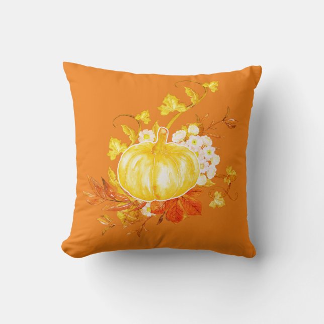 Fall Leaves, Pumpkin & Floral  Cushion (Front)