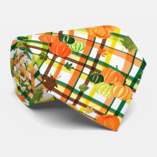 Fall Leaves Pumpkin Plaid Pattern Tie