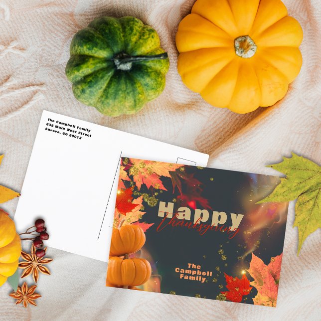 Fall Leaves Pumpkins Glitter Accents Thanksgiving Postcard (Creator Uploaded)