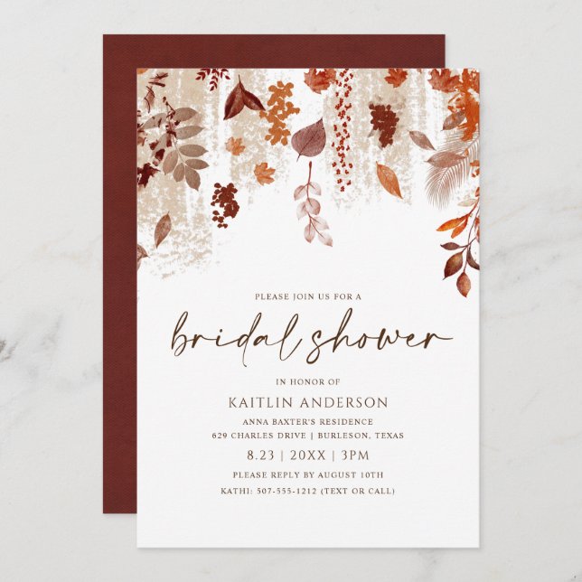 Fall Leaves Rust Brown Orange Bridal Shower Invitation (Front/Back)