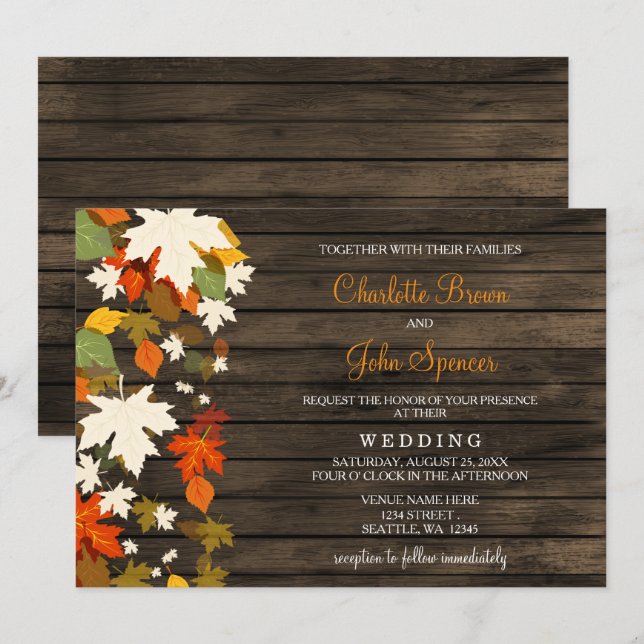 Fall leaves Rustic Barn Wood Fall Wedding Invites (Front/Back)