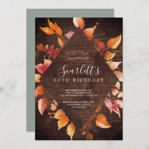 Fall Leaves   Rustic Brown Wood 30th Birthday Invitation