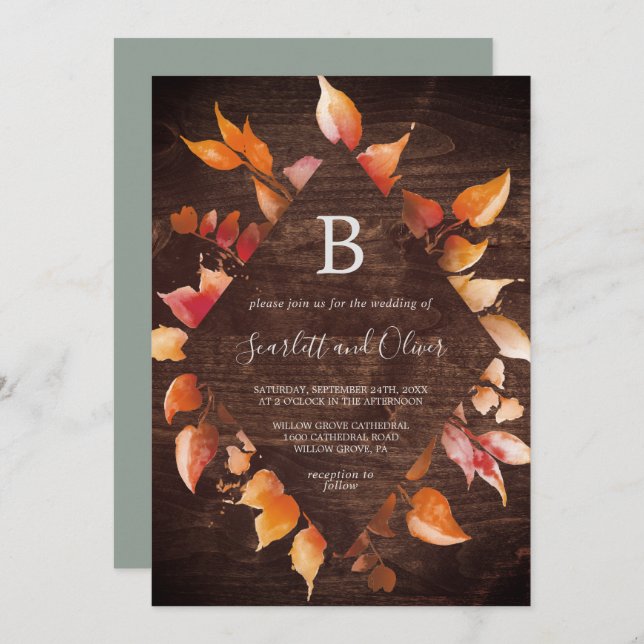 Fall Leaves | Rustic Brown Wood Diamond Wedding Invitation (Front/Back)