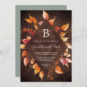 Fall Leaves   Rustic Brown Wood Diamond Wedding Invitation